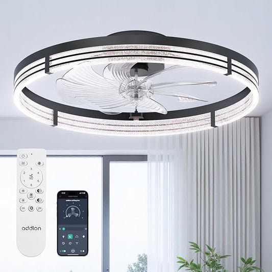 addlon Ceiling Fans with Lights and Remote, 24'' Low Profile Ceiling Fans, 3000-6000K Dimmable Modern Flush Mount LED Fan Light, Fandelier Ceiling Fan for Bedroom, Kitchen, Living Room, Black