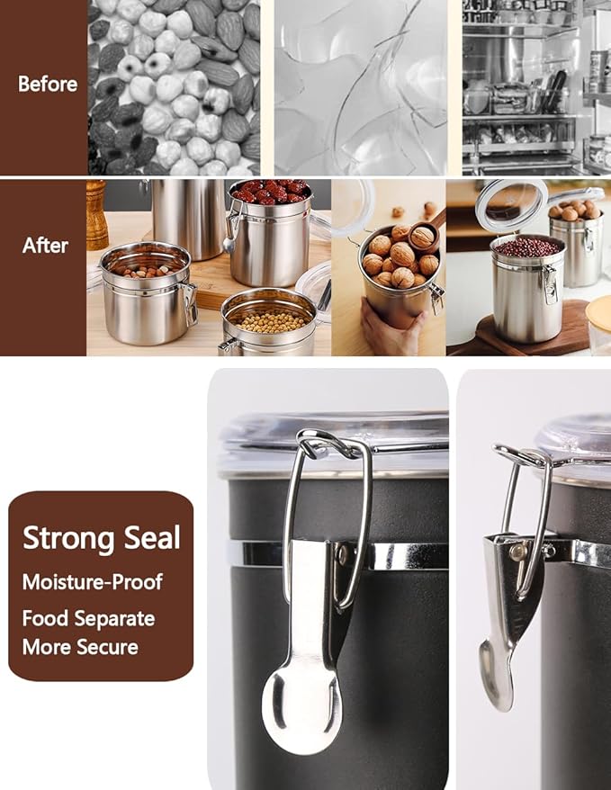 Walktosun Stainless Steel Food Container with Clear Lids Airtight Container Stackable Small Canisters Kitchen Pantry Storage for Cereal, Snacks, Candy, Herbs, Spices, Sugar, Tea (1.8L Dark Black-2)