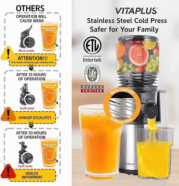 VITAPLUS Stainless Steel Auger Cold Press Juicer, AC Motor Slow Masticating Juicer, Plastic-Free Extractor for Whole Fruits & Vegetables, 5.8" Wide Chute, BPA-Free, Easy to Clean, FDA21 CFR Tested