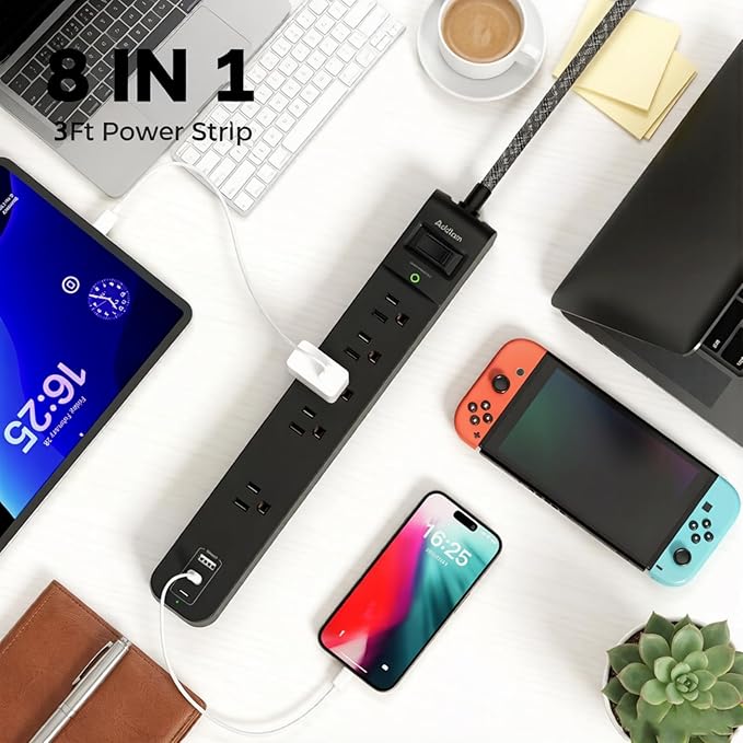 Addtam 2 Pack Power Strip Surge Protector – 5 Wide Spaced Outlets 3 USB (2 USB-C) Charging Ports, 1875W/15A, 25ft Braided Cord, Flat Plug, Overload Surge Protection, Wall Mount for Home, Office & Dorm