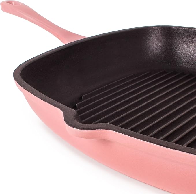 BergHOFF Neo 4Pc Enameled Cast Iron Cookware Set, Grill Pan 11 inches, Fry Pan 10 inches, 3qt. Dutch Oven, Matching Lid, Fast, Evenly Heat, Oven Safe (Pink)