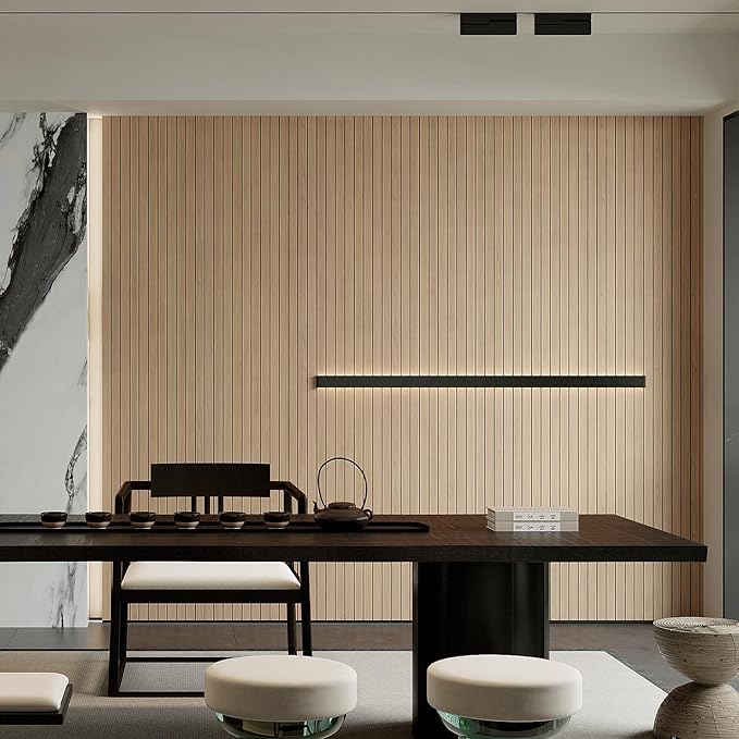 YU LI 3DH Peel and Stick PVC Slat Wall Panel 118"x15.75" Self-Adhesive Thick Faux Oak Wood Grain Wallpaper Panel 3D Soundproof Wall Panels for Walls & Ceilings