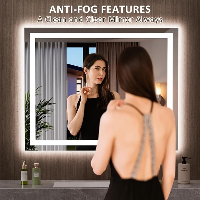 LOAAO 39.4"x31.5" LED Bathroom Mirror with Lights, Anti-Fog, Dimmable, Backlit + Front Lit, Lighted Bathroom Vanity Mirror for Wall, Memory Function, Tempered Glass, Safe to Use, ETL Listed