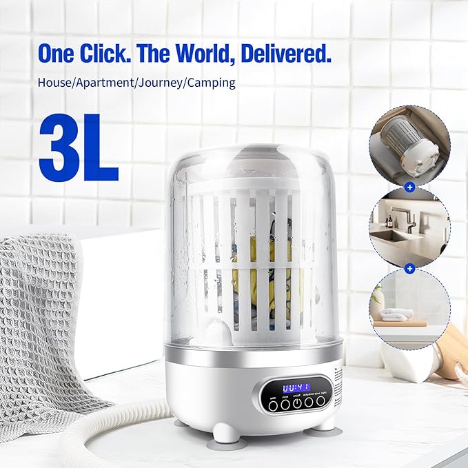 Portable Mini Washing Machine | Compact Deep Cleans Underwear, Baby Clothes, Small Laundry | Type-C, Spin-Dry & UV /4000 mAh Battery (3L-WHITE)
