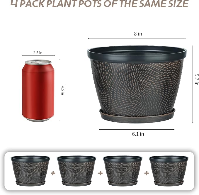 Quarut 4 Pack 8 Inch Flower Pots Planters for Outdoor Indoor | Plastic Plant Pots with Drainage Hole & Tray, Modern Decorative Garden Pot with Saucer, planters for House