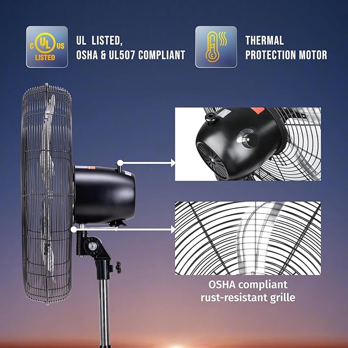 Tornado 20 Inch High Velocity Oscillating Pedestal Fan, 3-Speed, 5000 CFM, Commercial & Industrial, UL Listed, 1/6 HP Motor, 6.6 FT Power Cord