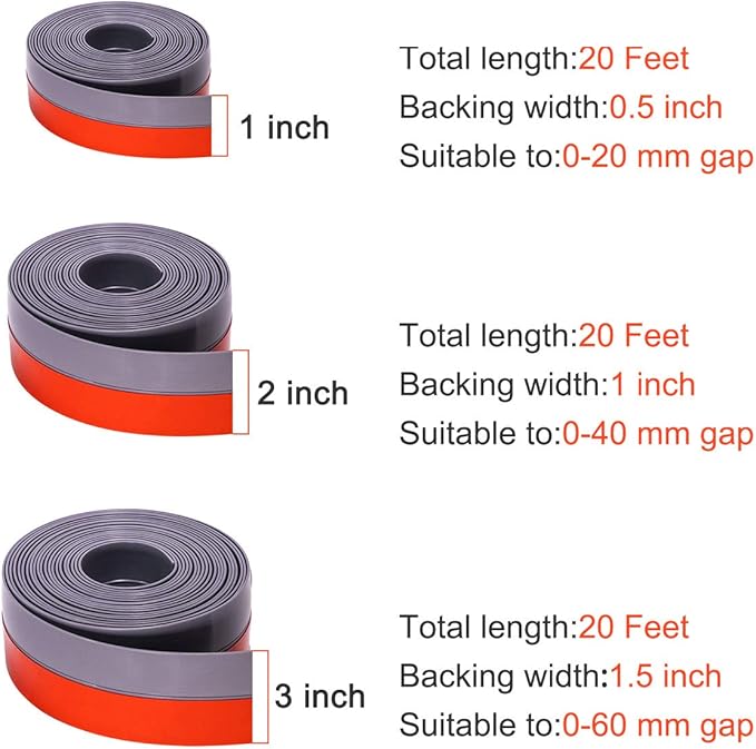 TORRAMI Silicone Door Sweep Draft Stopper 2 inch Width 20 Feet Length,Seal Insulation for Door Under Bottom, Gap, Side, Glass Shower Door, Sliding Door,Grey