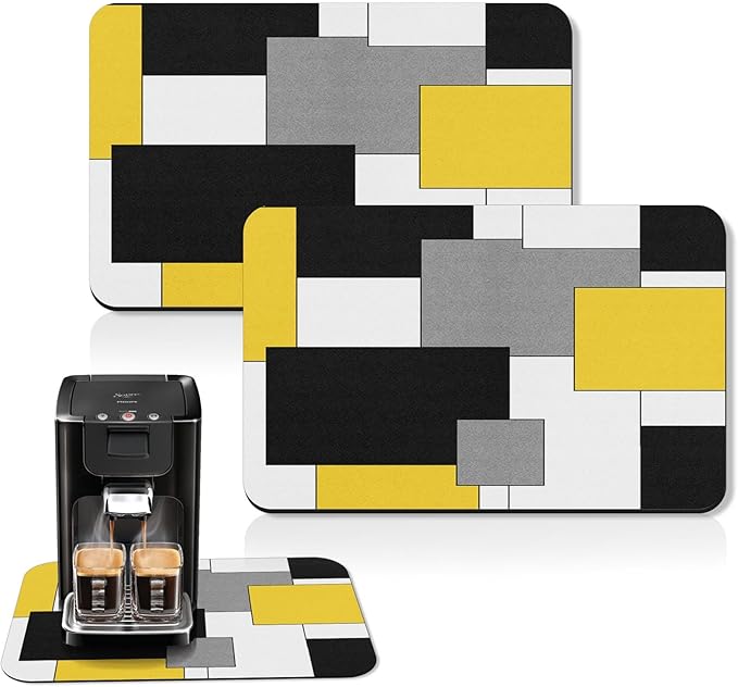 Arttown Coffee Mat for Countertops, Yellow Black White Grey Modern Dish Drying Mat 2 Pcs for Kitchen Bar Accessories, Fit Under Coffee Maker Espresso Machine Dish Rack Hide Stain Rubber 12x19in