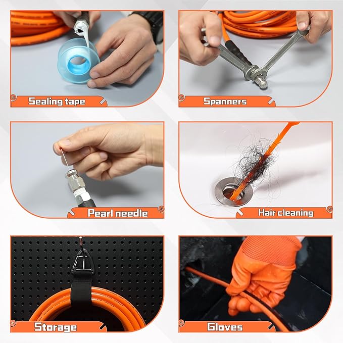Sewer Jetter Kit for Pressure Washer 100FT,5800psi Drain Cleaner Hose 1/4 Inch Npt Corner, with 5 Sewer Jetting Nozzles Sealing Tape Pearl Corsage Pin Spanner Glove Drain Snake