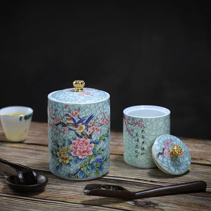 Enamel Ceramic Tea Caddy Tea Canister Tea Storage Container Tins Jar with Airtight Lid Water-proof Tank for Tea, Coffee, Herb, Sugar, Spice, Nuts