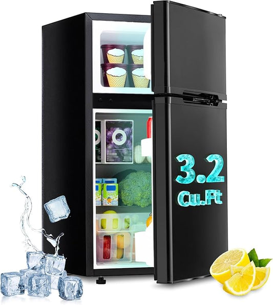 2 Door Mini Fridge with Freezer, 3.2 Cu.Ft Refrigerator and Freezer, Adjustable Thermostat, Energy Saving, Low Noise, Small Refrigerator for Bedroom, Dorm, Office