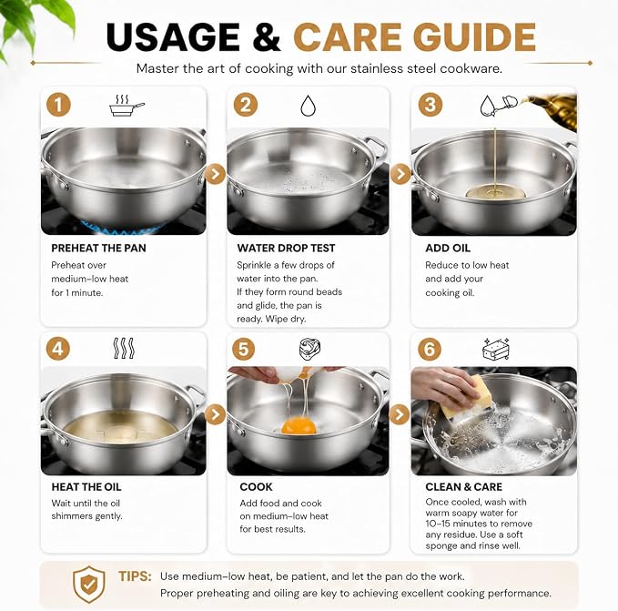 Delarlo Tri-Ply Stainless Steel Hot Pot 13 inch Everyday pan With lid,5QT | Deep Saute Pan, High Side Kitchen Cooking Pot, Chef's Pans, Induction Deep Frying Pan, 5QT Stock Pot, Up to 550℉