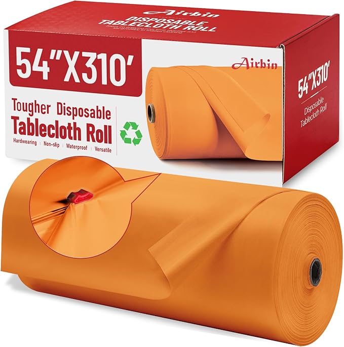 Plastic Table Cloth, 310 Ft X 54 in Disposable Tablecloth Orange Tablecloth Premium PEVA Plastic Table Cloth Disposable with Any Cut Sliding Cutters for Picnics, Parties, Birthdays, Festivals
