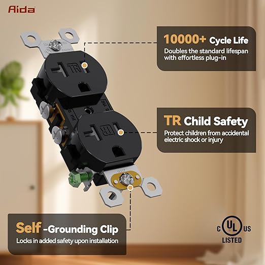 AIDA 20 Amps Outlets Duplex Electrical Receptacle Outlets,Tamper Resistant,Heavy-Duty Receptacle Wall Outlet,Residential,TR,3-Wire, Self-Grounding Clip, NEMA 5-20R,UL Listed (50 Pack, Black)