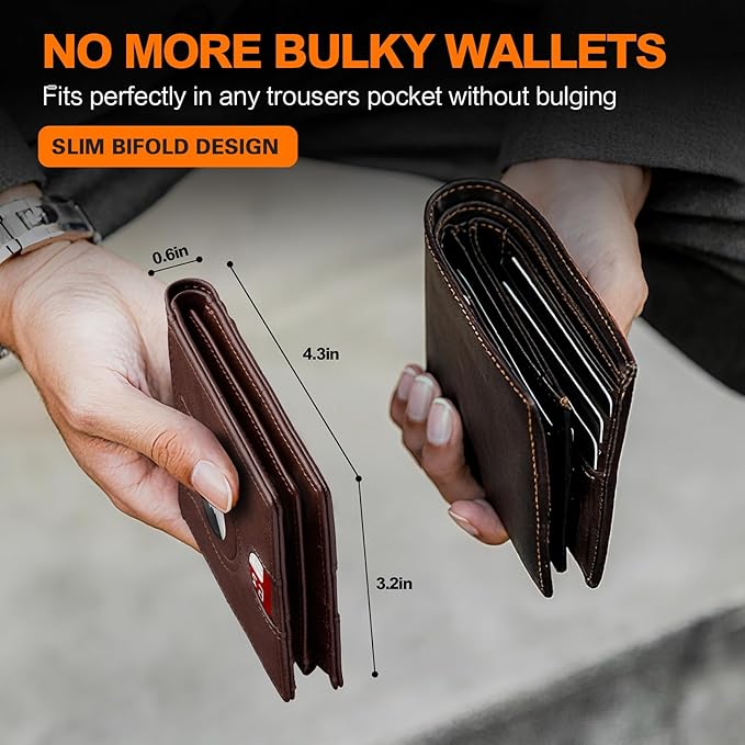 Wallet for Men Slim RFID Blocking Bifold Carbon Fiber,Minimalist Small Compact Front Pocket Credit Card Holder,Thin Mens Leather Wallets Smart Security With 2 ID windows 1 Cash (Oil Wax Brown)
