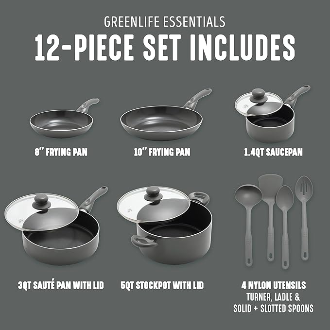 GreenLife Essentials 12 Piece Cookware Set, PFAS-Free Ceramic Nonstick Pots & Pans, Induction Ready for All Cooktops, Kitchen Cooking & Serving Utensils, Dishwasher Safe, Charcoal Gray
