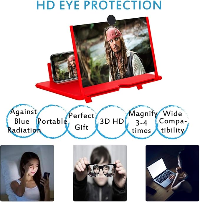 12" Screen Magnifier,3D HD Mobile Phone Magnifier Projector Screen Enlarger for Movies, Videos, and Gaming,Foldable Cell Phone Stand with Screen Amplifier,Supports All Smartphones (Red, 12inch)