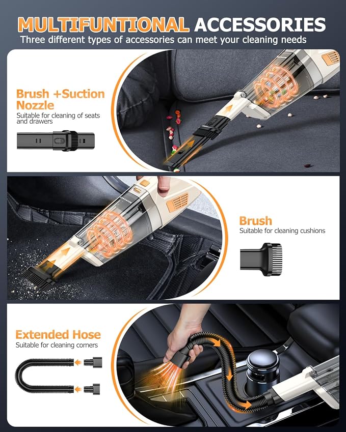 BQYPOWER 16000PA Handheld Vacuum Cleaner Cordless Rechargeable for Car Home | Powerful Strong Suction with Multiple Accessories, Portable Hand Held Car Vacuum Cleaner High Power for Detailing Cleaning