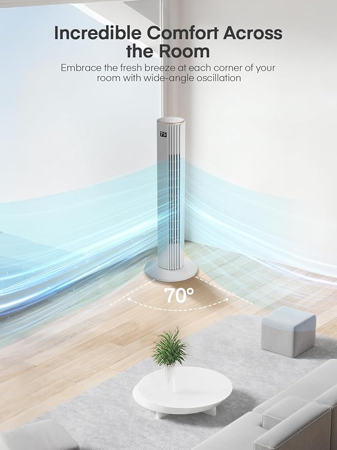 Tower Fan for Bedroom, Quiet Oscillating Floor Fans with 70°, Remote Control, 3 Modes, 3 Speeds, 12H Timer, 30" Bladeless Standing Fan for Home, Office, Living Room, White