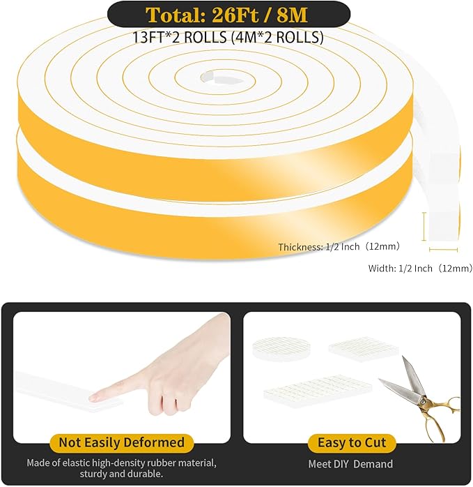 Weather Stripping Door Seal Strip,Weather Stripping,Door Seal Strip for Door Frame,Window(White,1/2 in x 1/2 in x 13Ft)