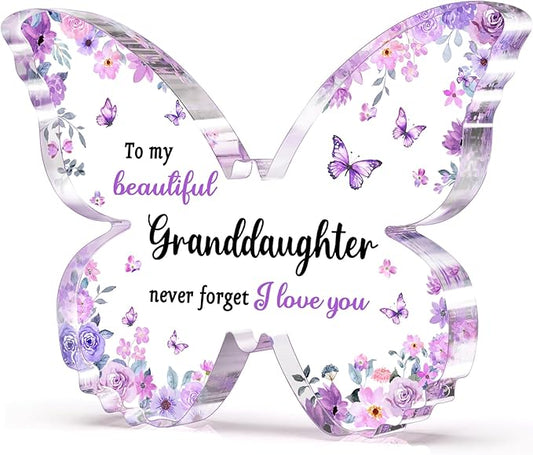 Granddaughter Gifts from Grandma Grandpa - Unique Purple Butterfly Acrylic Plaque Desk Decor - Mothers Day Christmas Valentines Day Graduation Gift for Granddaughter - 5 x 3.8 x 0.5 inches
