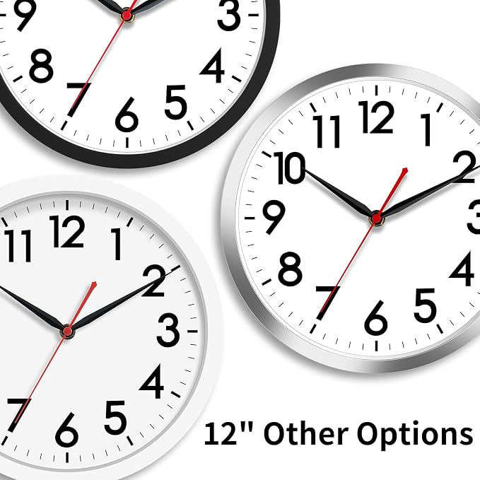 AKCISOT 12 Inch Wall Clock, Battery Operated Analog Clock, Silent Non-Ticking, Ideal for Bedroom, Bathroom, Kitchen, Office and School, White