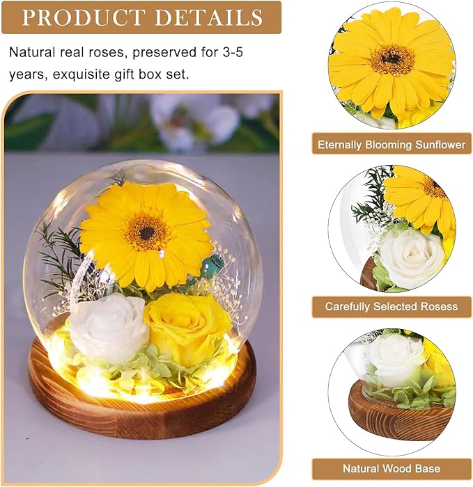 FIACO Sunflower Gifts for Women Valentines Day Preserved Forever Eternal Flower Rose in Glass Fresh Flowers for Delivery Mothers Day Birthday Gift for Mom Grandma Sister Wife Her Girlfriend Decor