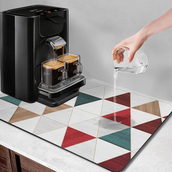 Arttown Coffee Mat for Countertops, Minimalist Modern Geometric Patchwork Red Dish Drying Mat 2 Pcs for Kitchen Bar Accessories, Coffee Maker Espresso Machine Dish Rack Hide Stain Rubber 12x19in