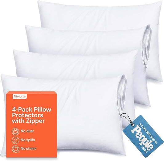 Ultra Soft Pillow Protectors with Zipper King Size - Set of 4 Breathable Pillow Covers - 100% Protection Against Stains, Dust & Dirt - Machine Washable (White)