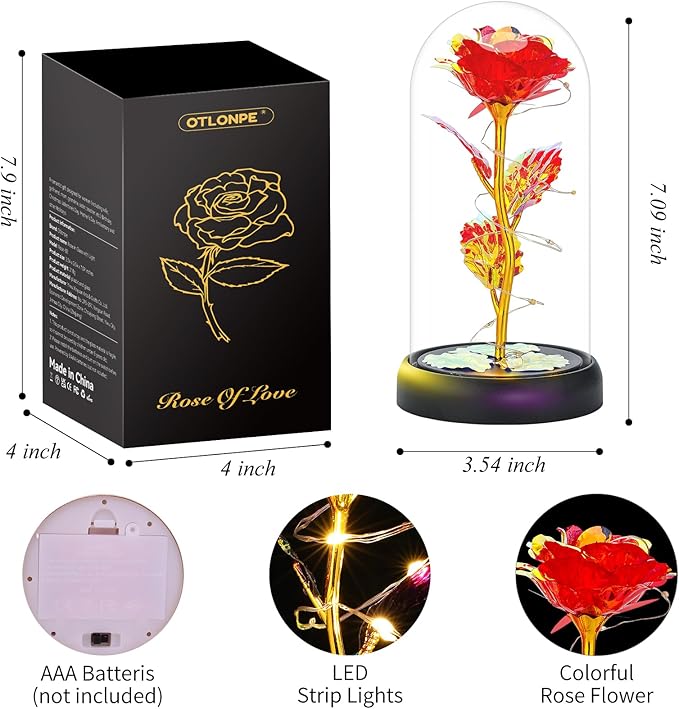 Otlonpe Mothers Day Flowers Gifts for Mom from Daughter Son, Preserved Forever Glass Light Up Rose Gifts for Grandma Wife Women Girlfriend Sister, Teacher Appreciation Graduation Gift for Her (Red)