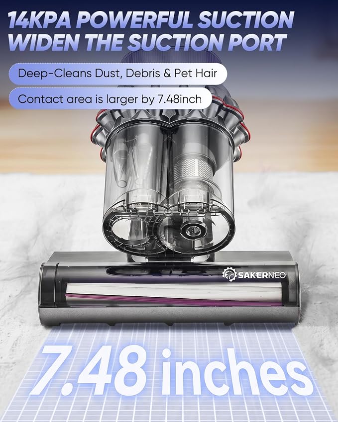 SAKERNEO Powerful Bed Vacuum Cleaner with Digital Display, 5-Cyclone Filtration, 14kPa Strong Suction, HEPA Filter, Handheld Vacuum for Mattress, Carpet, Sofa and Pet Hair