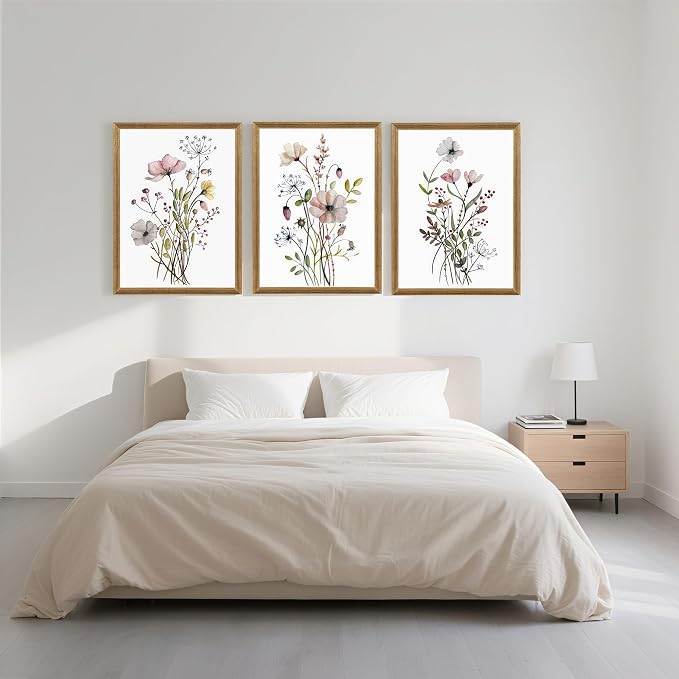 WRFON Framed Botanical Canvas Wall Art Set of 3, Watercolor Floral Prints, Framed Flower Wall Decor for Bedroom Bathroom Living Room, 12x16 Inch Each