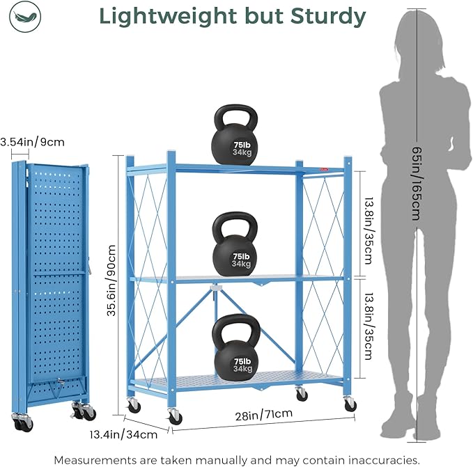 DEANIC 3 Tier Foldable Storage Shelves with Wheels, Kitchen Appliance Stand, Freestanding Metal Wire Shelf Rack, No Assembly Organizer Rolling Cart for Garage, Basement, Pantry(Blue Pack of 2)