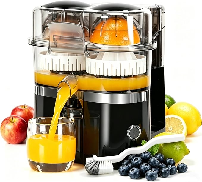 Dual-Head Automatic Citrus Juicer, Electric Citrus Juicer Orange Squeezer with 1-Button Operation, Fast Juicing Machine for Fresh Orange Lemon Lime Juice, Easy to Clean for Daily Kitchen Use (Black)