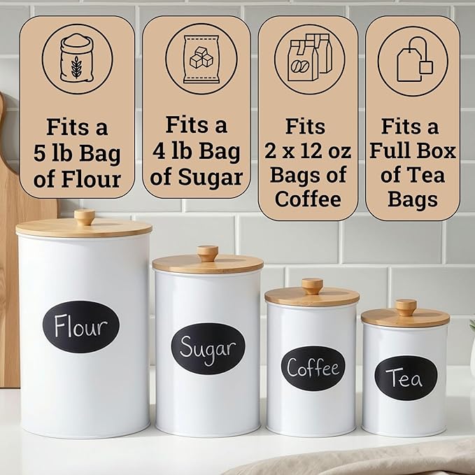 Kitchen Canisters for Countertop Set of 4 with Customizable Chalkboard Labels & Marker Pen - Big Iron Kitchen Canisters with Airtight Lids - White Canister Set - Flour and Sugar Containers Farmhouse