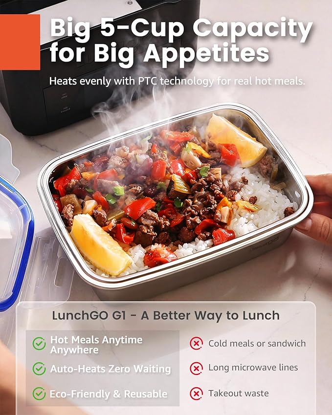 LUNCHGO® G1 – Standard(74 Wh), Smart Electric Heated Lunch Box Food Warmer – Cordless, 5 Cups, Battery Powered, 250°F Max, Scheduled Heating, Perfect for Outdoor Work, On-The-Go Meals (Neon Gray)
