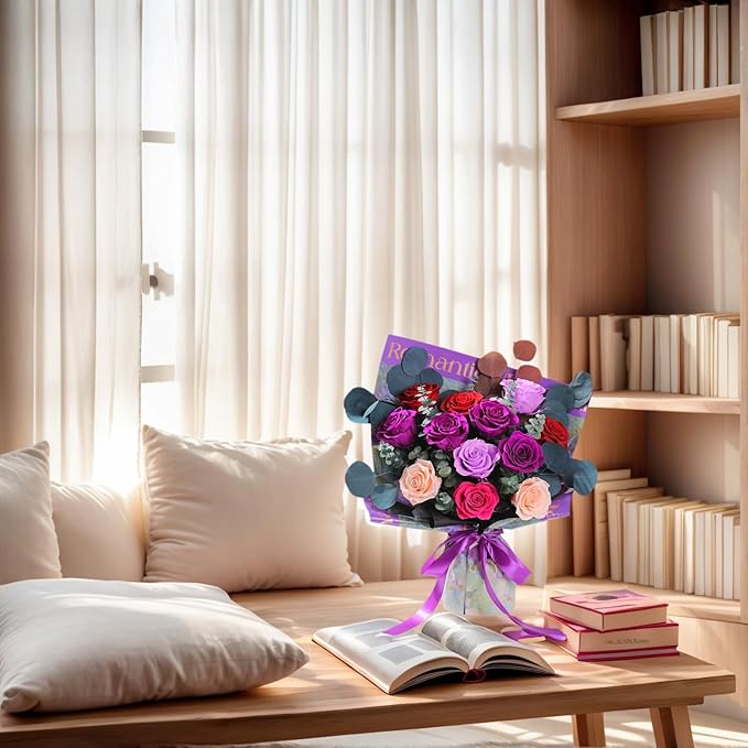 Lovenfold Flowers for Delivery Birthday Flowers Gift for Her,Preserved Flowers Bouquet 12 Roses Mixed Bouquet,Rose Gifts for Women Mom Grandma(Mixed 12 Purple-B Roses)