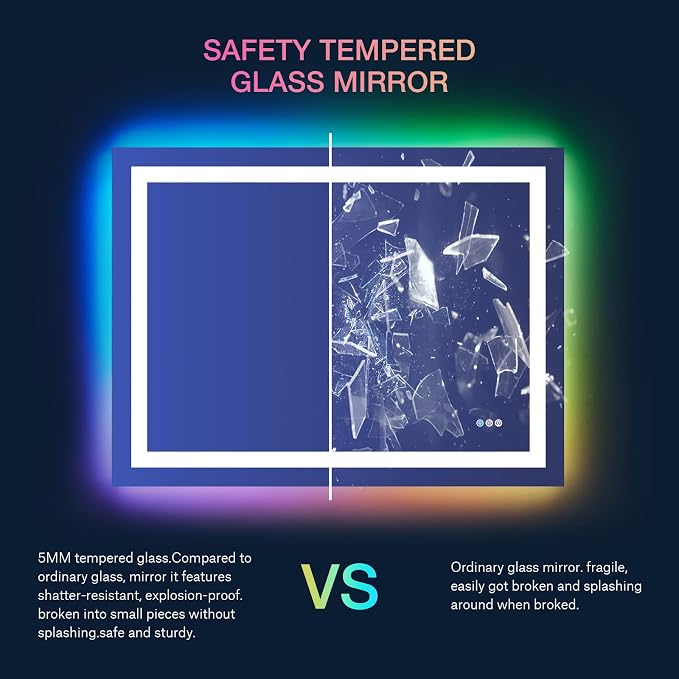 LOAAO 48"X36" RGB LED Bathroom Mirror with Lights, Anti-Fog, Dimmable, Lighted Bathroom Vanity Mirror, Multiple Light Modes, RGB Backlit + Front Light, Memory Function, Tempered Glass, ETL Listed