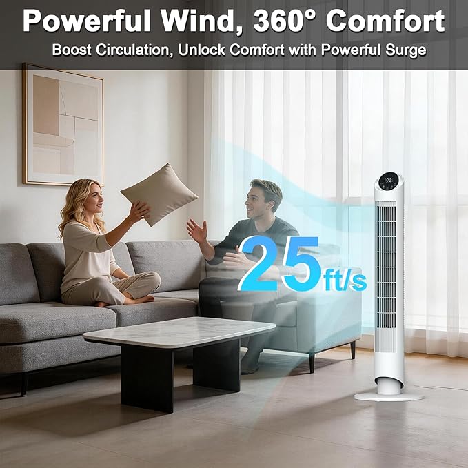 hykolity 40'' Tower Fan for Bedroom, 90° Oscillating Standing Fan, 28dB Ultra Quiet, 26ft/s Velocity Bladeless Floor Fan with 3 Speeds & 4 Modes, 12H Timer for Living Room, Home, Office, White