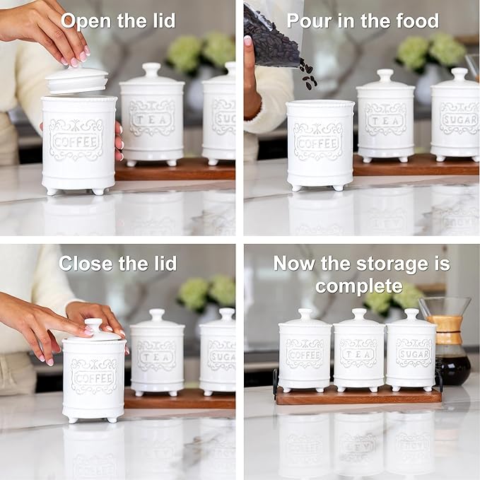 25DOL 25 Ounce Elegant Ceramic Kitchen Canisters Set of 3 - Engraved Coffee Tea Sugar Storage Containers with Feet for Added Style and Stability - Ceramic Jar with Airtight Lid