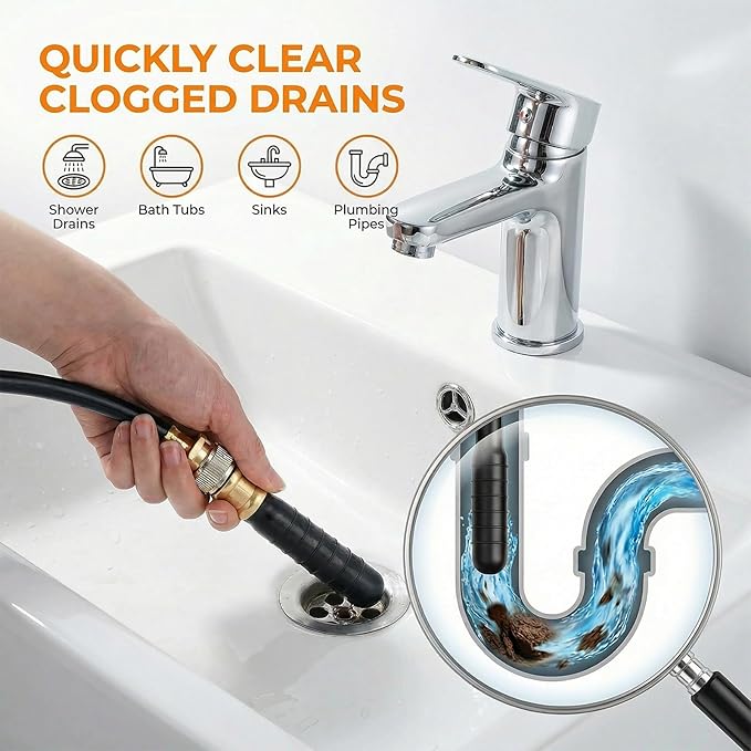 Drain Bladder Kit for Clogged Drains, Drain Unclogger Tool with 10FT Retractable Hose – Includes Shut-Off Valve & Brass Faucet Adapter – Drain King Alternative for 1" to 6" Pipes (Sink, Shower, Pool)