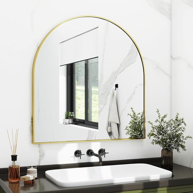 XRAMFY 31"x32" Arched Wall Mirror for Bathroom, Gold Vanity Mirror for Bedroom, Living Room, Entryway, Decorative Hanging Mirror for Wall