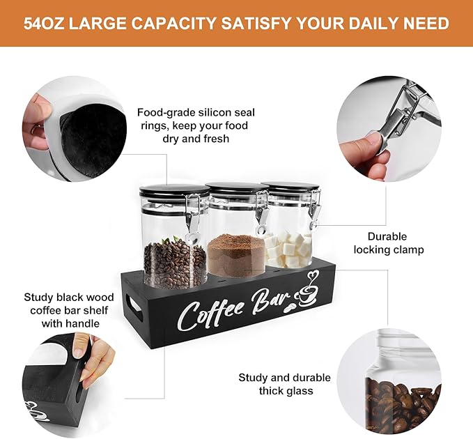 MACIFECI Glass Coffee Containers with Shelf Coffee Station Organizer 54oz Black Glass Coffees Bean Storage Canister with Spoon Coffee Canister Set Kitchen Food Storage Jars for Coffee/Sugar/Candy