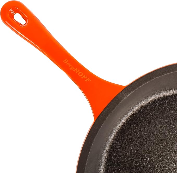 BergHOFF Neo 4Pc Enameled Cast Iron Cookware Set, Grill Pan 11 inches, Fry Pan 10 inches, 3qt. Dutch Oven, Matching Lid, Fast, Evenly Heat, Oven Safe (Orange)