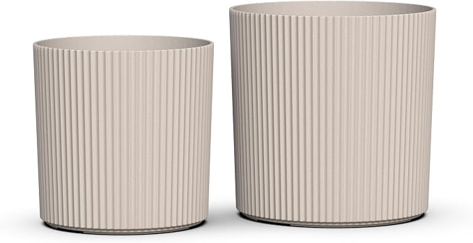 Mayne Haven Set of 2 (12in and 14in) Fluted Planter, Round Planters for Outdoor Plants, Lightweight Concrete Look Plant Pots for Porch, Patio, Garden and Entryway Décor, Chai