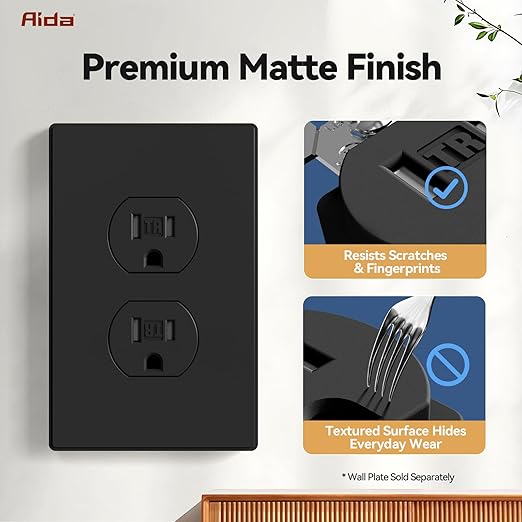 AIDA 20 Pack Matte Black 15 Amp Outlet Duplex Electrical Receptacle Outlets,Power Outlet,Tamper Resistant,Heavy-Duty Receptacle, 2 Pole,3-Wire, Self-Grounding Clip, NEMA 5-15R,UL Listed