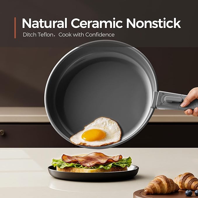 16pcs Nonstick Cookware Set, Diamond-Titanium Ceramic Coating & 3 Layer Stainless Steel Pots and Pans Set with Detachable Handle, Dishwasher Safe, Induction Compatible, Oven Safe, Gray