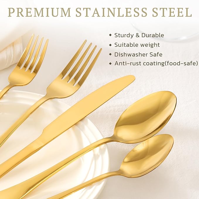Astercook 24-Piece Silverware Set with Steak Knives Gold Flatware Set for 4 Food-Grade Stainless Steel Cutlery Set Mirror Polished Utensils Set Include Spoons and Forks for Home Gifts for Women