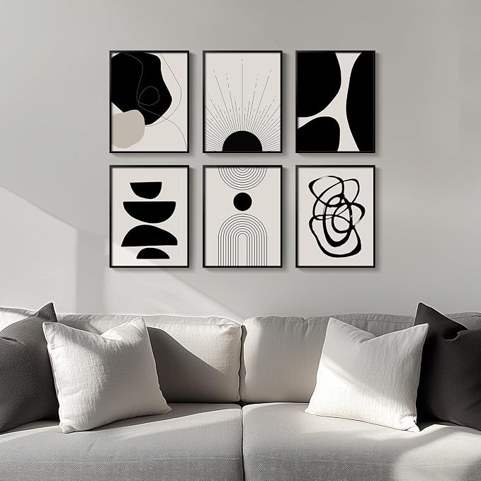 Framed Boho Black and White Abstract Wall Art, Set of 6 Modern Canvas Prints Paintings Artwork for Walls, Minimalist Geometric Pictures for Living Room Bedroom Office Bathroom Wall Decor 11x14 Inch