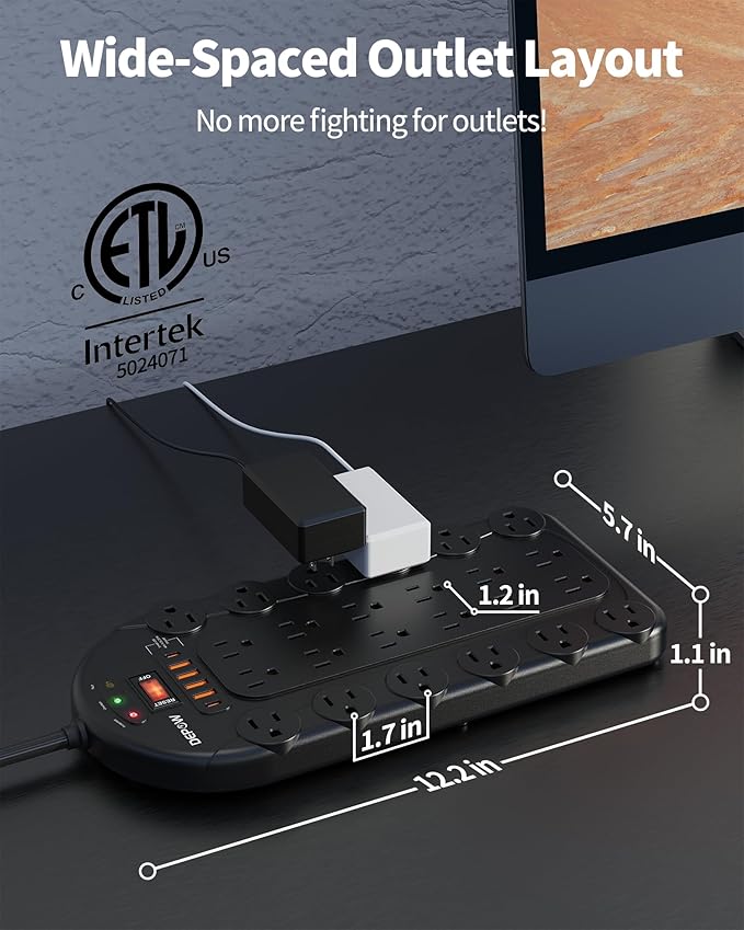 DEPOW Power Strip, 24 AC Outlets (1875W/15A) with 6 USBs (2 USB-C Ports), ETL Listed, Surge Protector (3,400 Joules), 8 Ft Heavy Duty Flat Plug Extension Cord, Wall Mountable for Home, Office, Black
